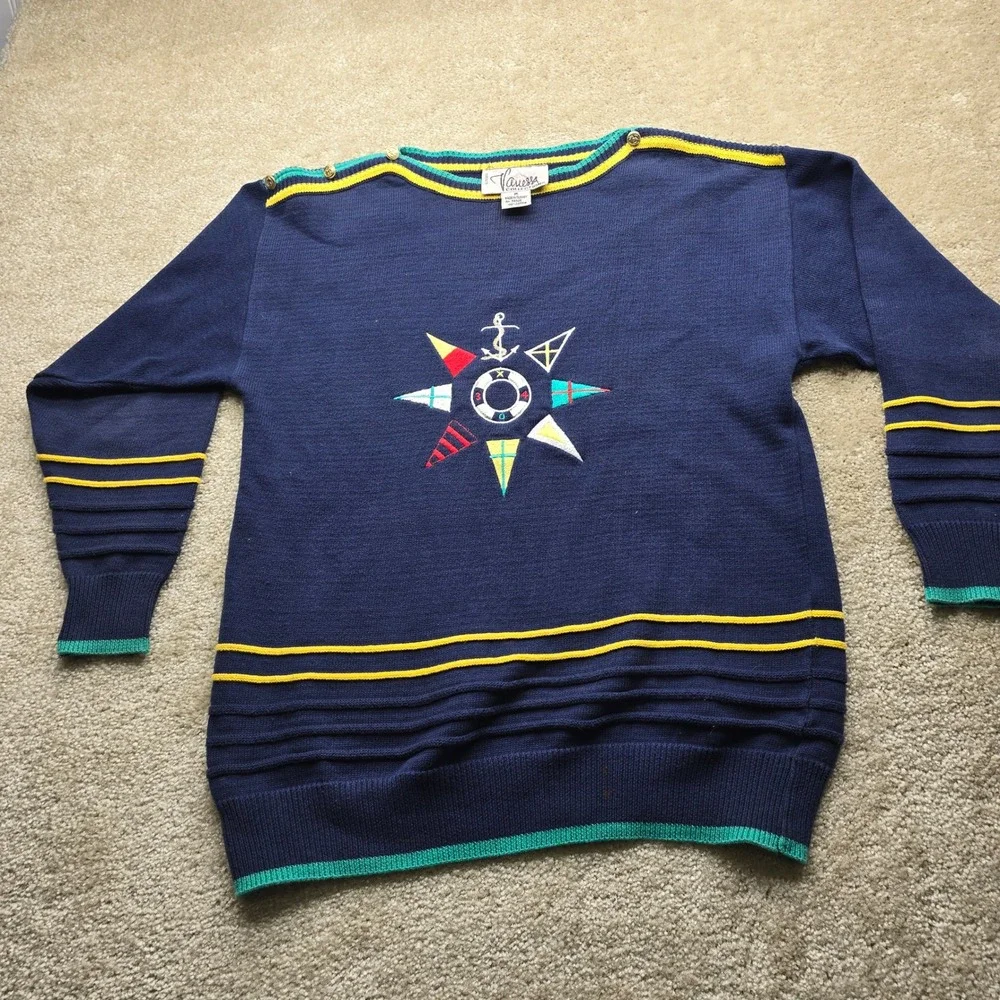 Nautica Mens Navy Blue Nautical Sweater Anchor Life Preserver Flags Size L‎ - Picture 2 of 10